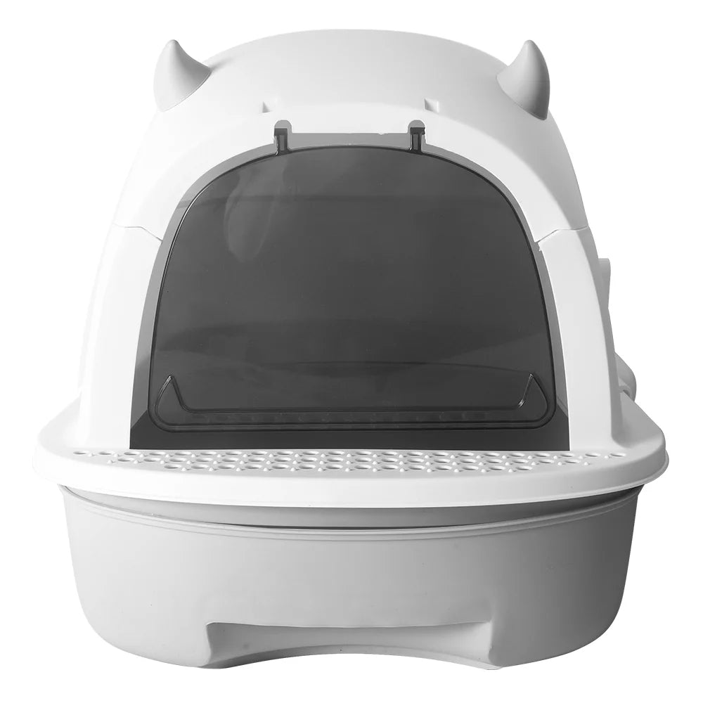 "Modern enclosed cat litter box with swing door, pull-out tray, high walls in grey and white, stylish pet supplies solution."