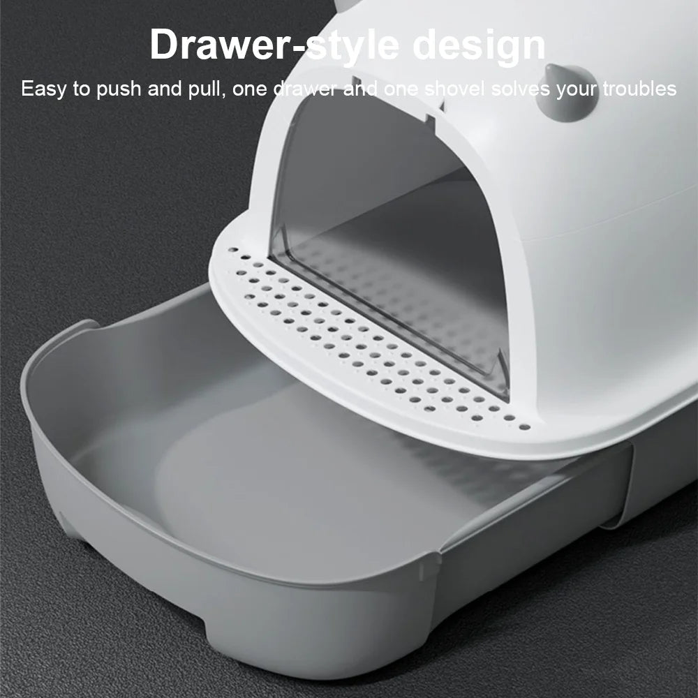 "Modern enclosed cat litter box with swing door, pull-out tray, high walls in grey and white, stylish pet supplies solution."