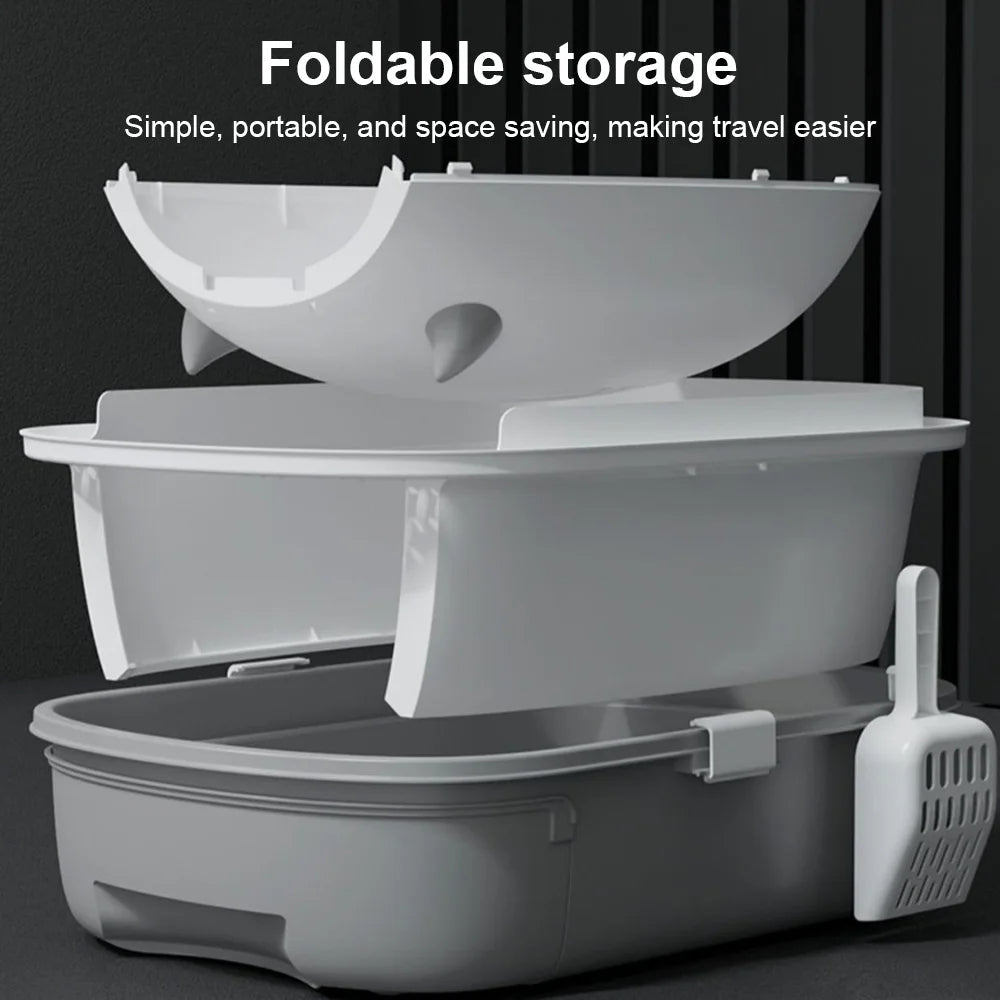 "Modern enclosed cat litter box with swing door, pull-out tray, high walls in grey and white, stylish pet supplies solution."