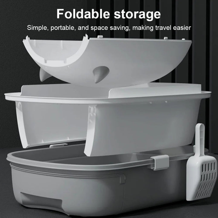 "Modern enclosed cat litter box with swing door, pull-out tray, high walls in grey and white, stylish pet supplies solution."