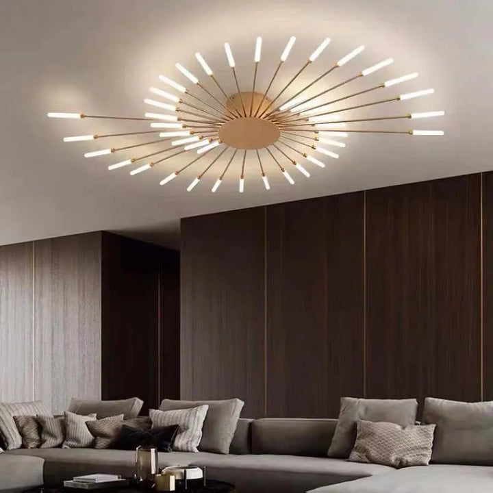 "Modern firework-inspired flush mount light with sleek metal and acrylic design, enhancing interior elegance and ambiance."