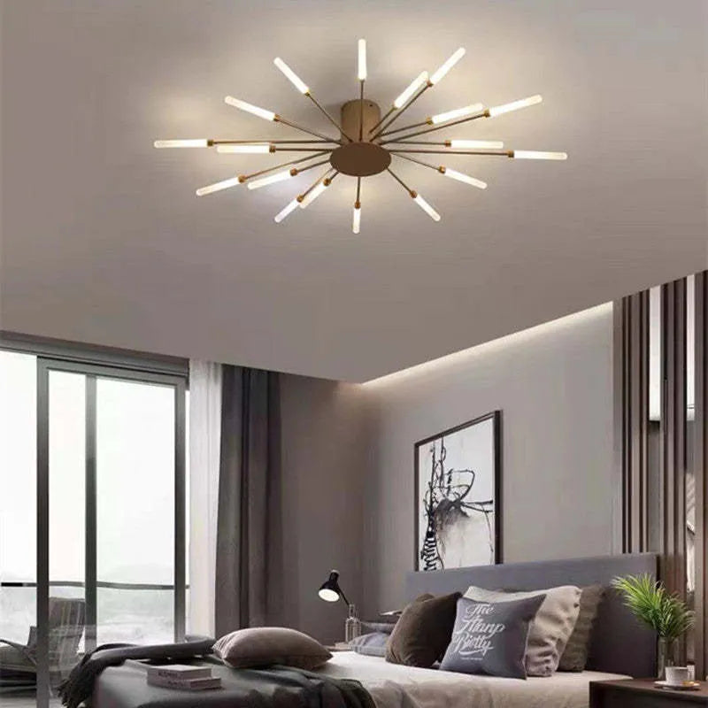 "Modern firework-inspired flush mount light with sleek metal and acrylic design, enhancing interior elegance and ambiance."