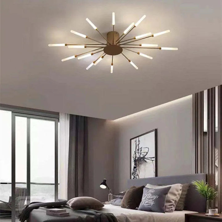 "Modern firework-inspired flush mount light with sleek metal and acrylic design, enhancing interior elegance and ambiance."
