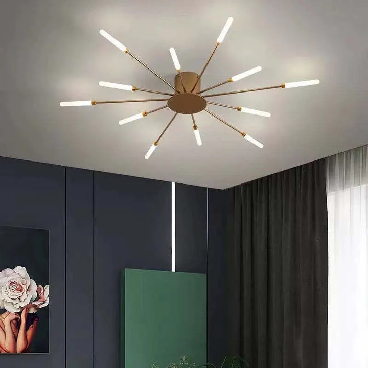 "Modern firework-inspired flush mount light with sleek metal and acrylic design, enhancing interior elegance and ambiance."