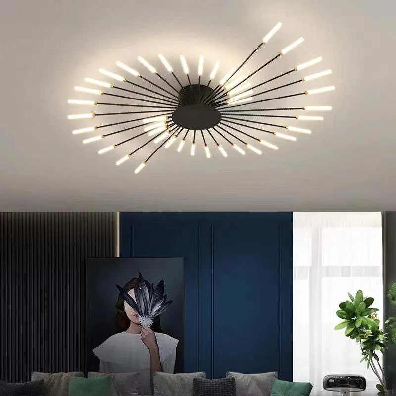 "Modern firework-inspired flush mount light with sleek metal and acrylic design, enhancing interior elegance and ambiance."