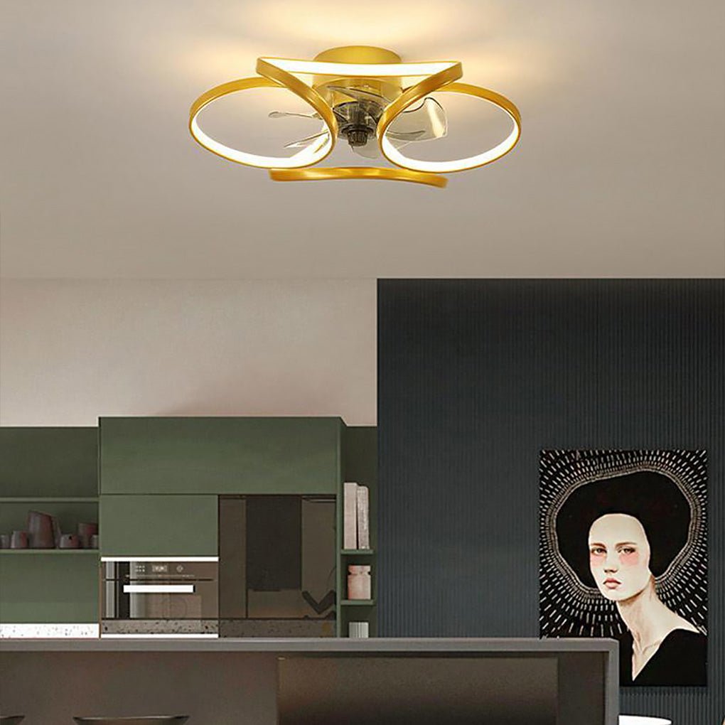 "Modern Flower LED Ceiling Fan Light with remote, featuring elegant bent blades and energy-efficient illumination."