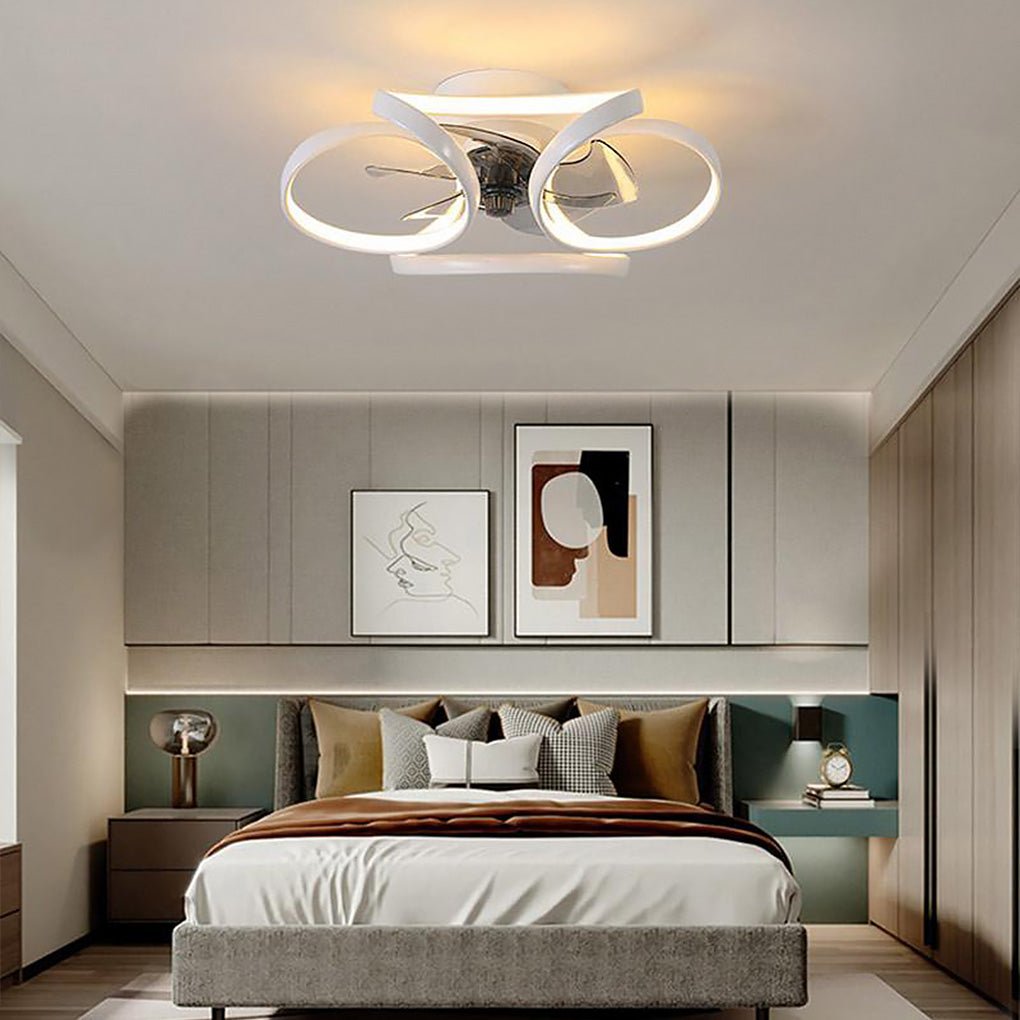 "Modern Flower LED Ceiling Fan Light with remote, featuring elegant bent blades and energy-efficient illumination."