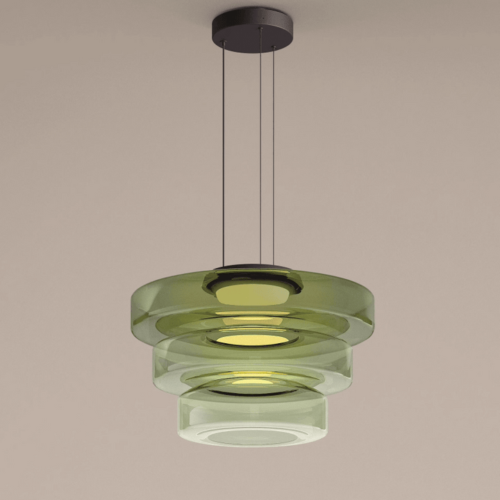 "Modern glass pendant lamp in Bauhaus design, smoke grey shade, adjustable cable, warm LED glow, ideal for home interiors."