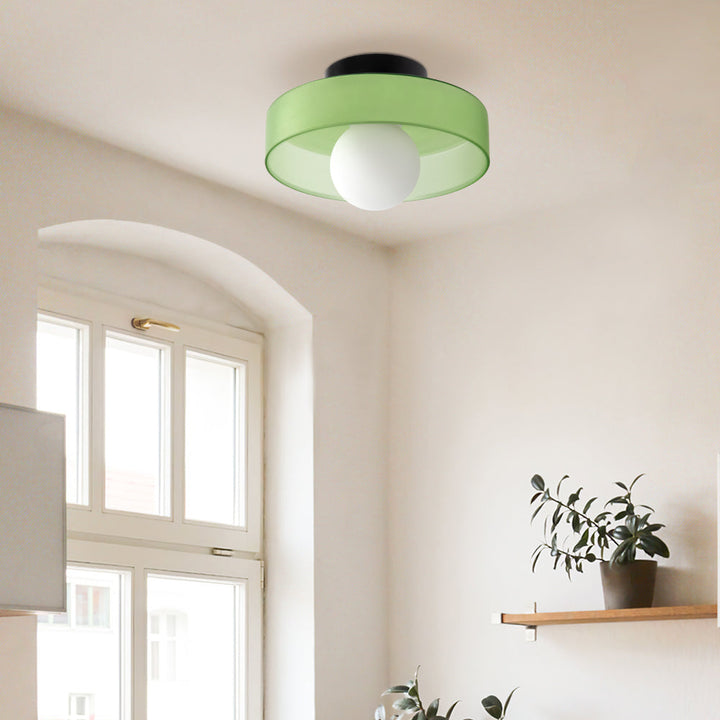 "Modern glass round ceiling light with sleek design, ideal for stylish kitchens, available in varied colors and sizes."