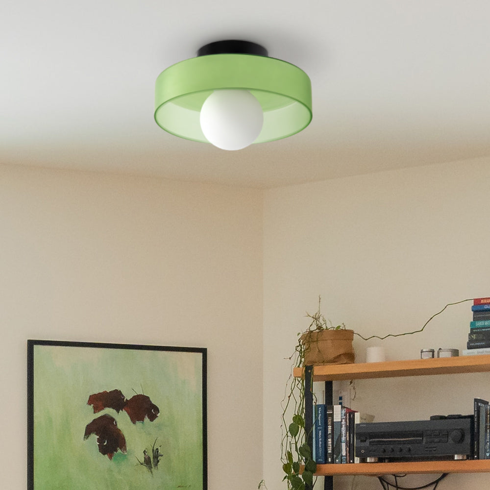 "Modern glass round ceiling light with sleek design, ideal for stylish kitchens, available in varied colors and sizes."