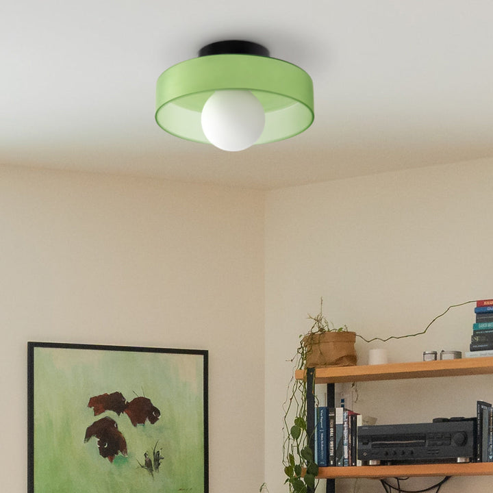"Modern glass round ceiling light with sleek design, ideal for stylish kitchens, available in varied colors and sizes."