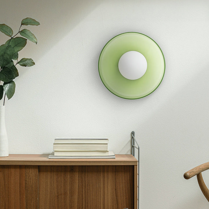 "Modern glass round ceiling light with sleek design, ideal for stylish kitchens, available in varied colors and sizes."