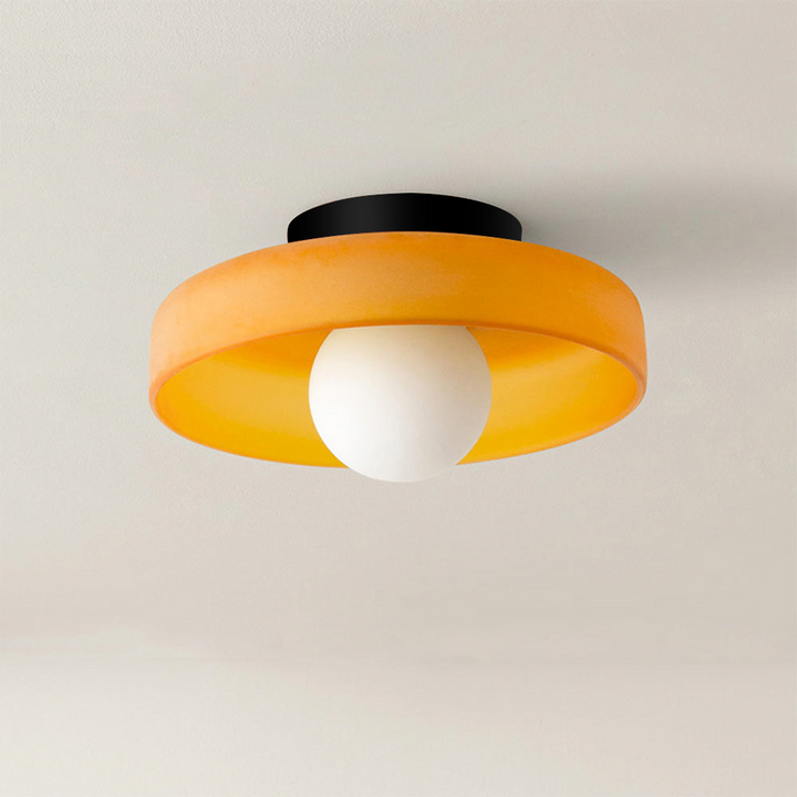 "Modern glass round ceiling light with sleek design, ideal for stylish kitchens, available in varied colors and sizes."