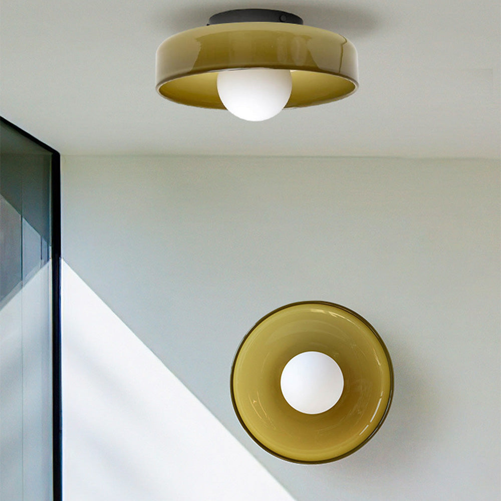 "Modern glass round ceiling light with sleek design, ideal for stylish kitchens, available in varied colors and sizes."