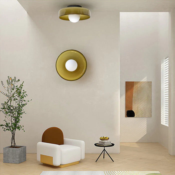 "Modern glass round ceiling light with sleek design, ideal for stylish kitchens, available in varied colors and sizes."