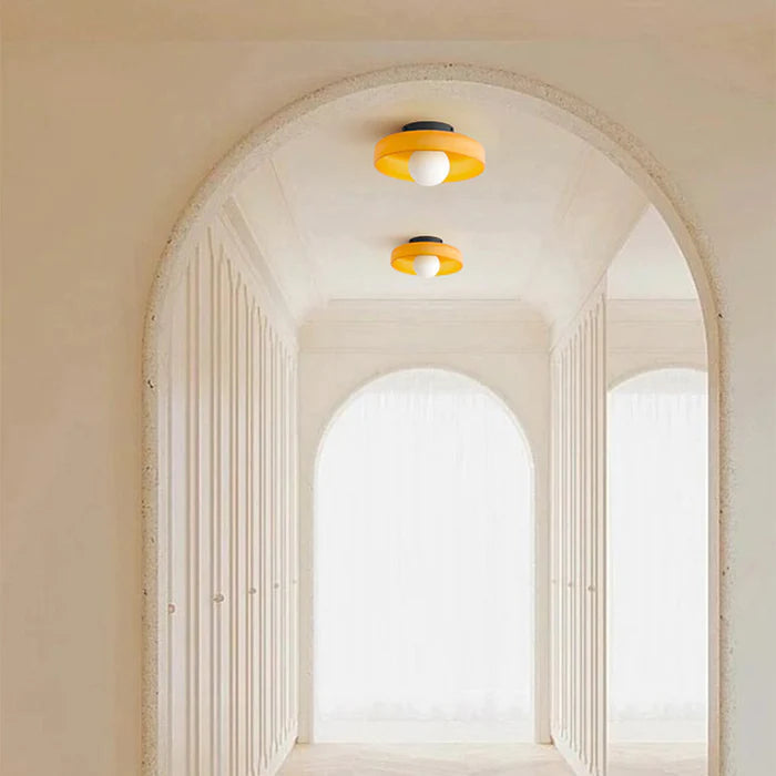 "Modern glass round ceiling light with sleek design, ideal for stylish kitchens, available in varied colors and sizes."