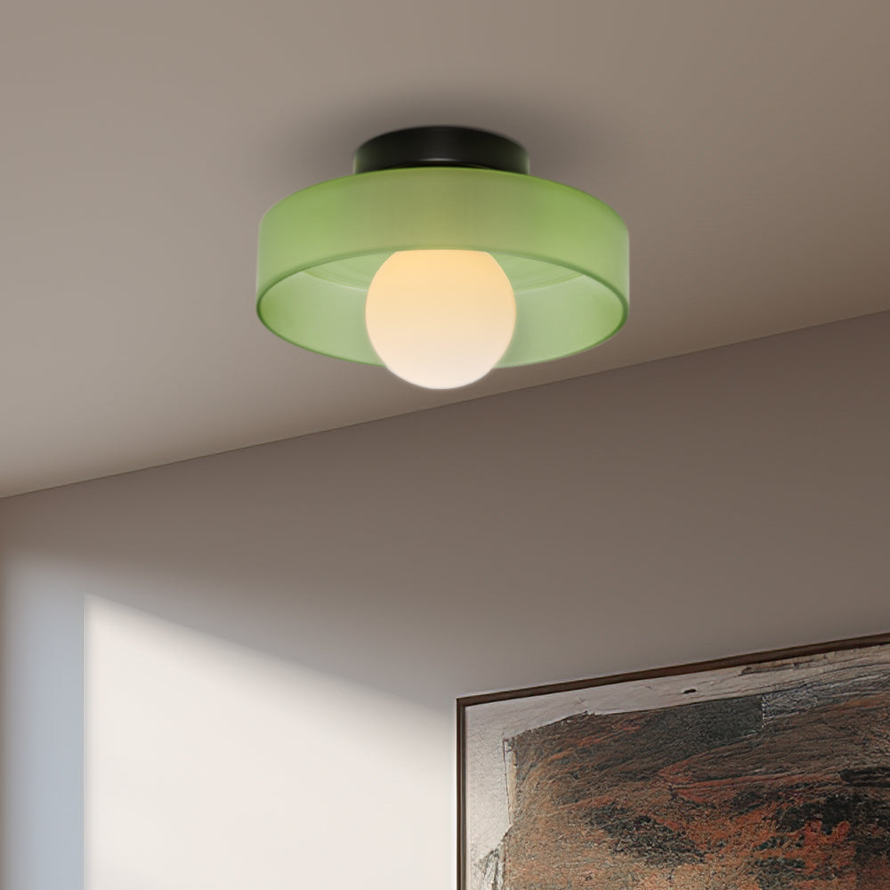 "Modern glass round ceiling light with sleek design, ideal for stylish kitchens, available in varied colors and sizes."