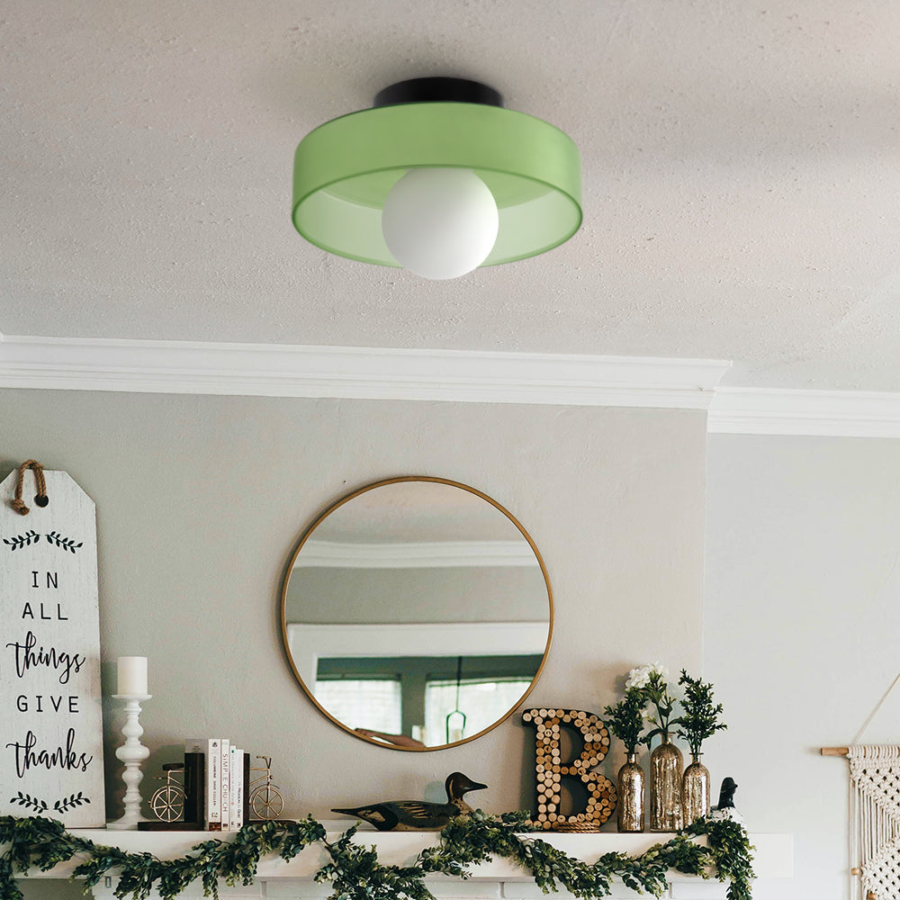 "Modern glass round ceiling light with sleek design, ideal for stylish kitchens, available in varied colors and sizes."