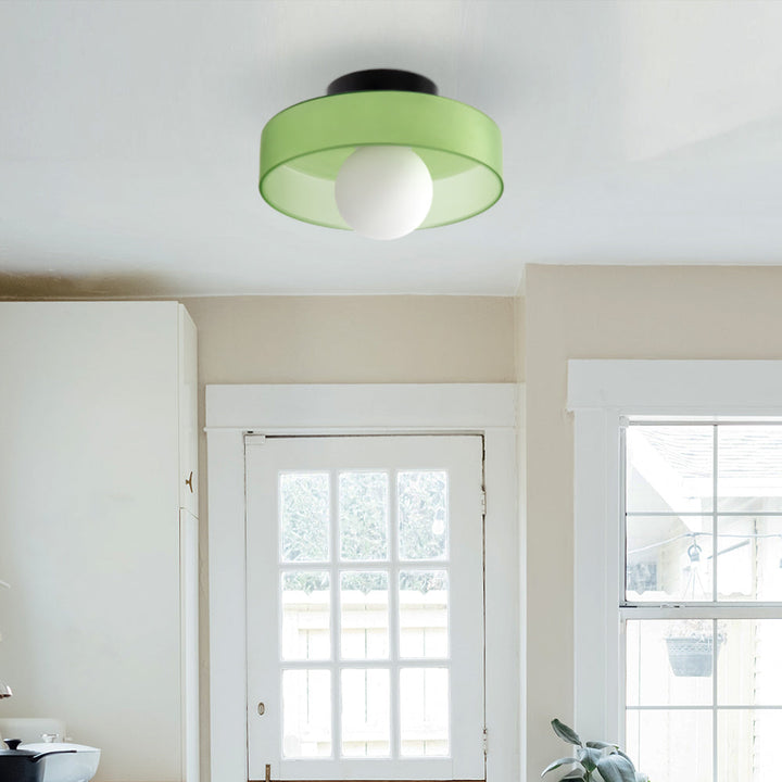 "Modern glass round ceiling light with sleek design, ideal for stylish kitchens, available in varied colors and sizes."