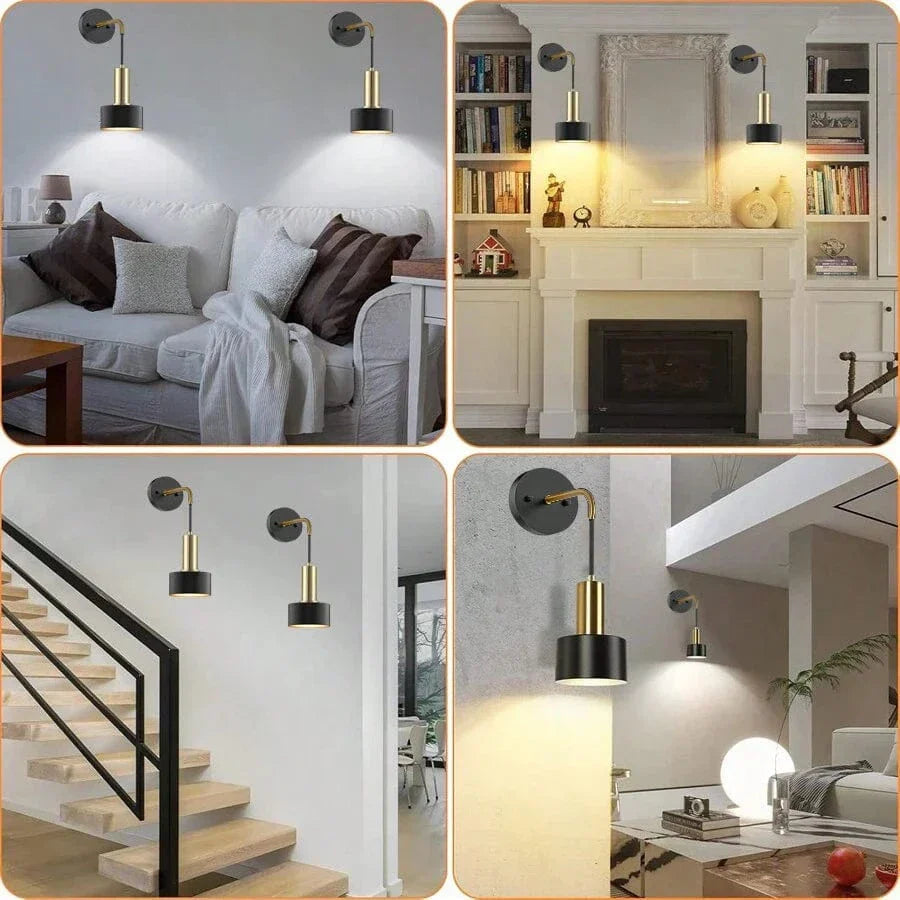 "Modern gold and black battery wall lamp with remote control, enhancing indoor ambiance with adjustable brightness levels."