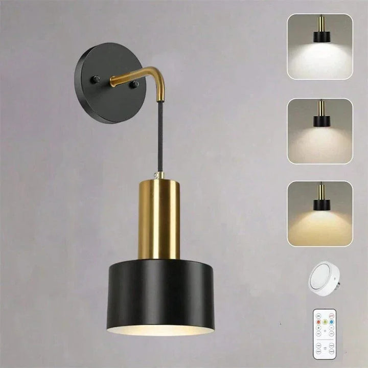 "Modern gold and black battery wall lamp with remote control, enhancing indoor ambiance with adjustable brightness levels."