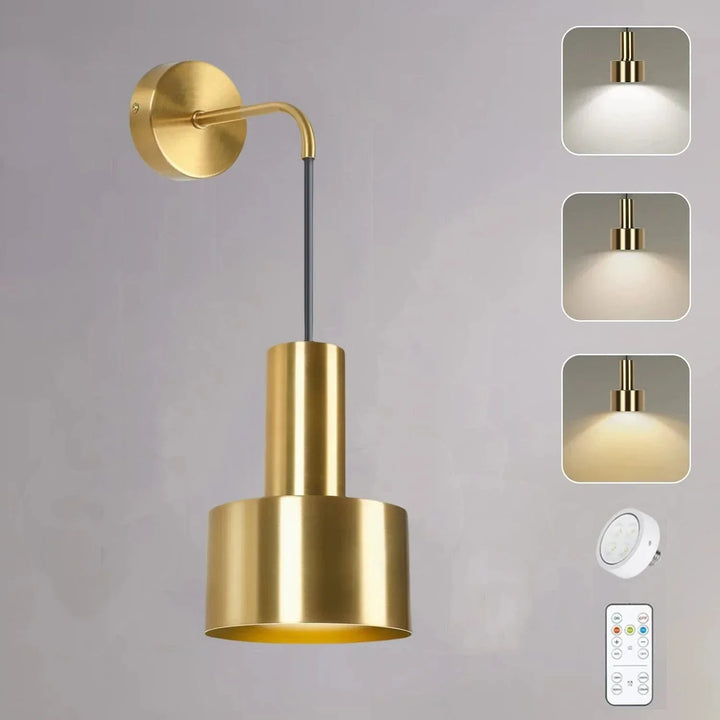 "Modern gold and black battery wall lamp with remote control, enhancing indoor ambiance with adjustable brightness levels."
