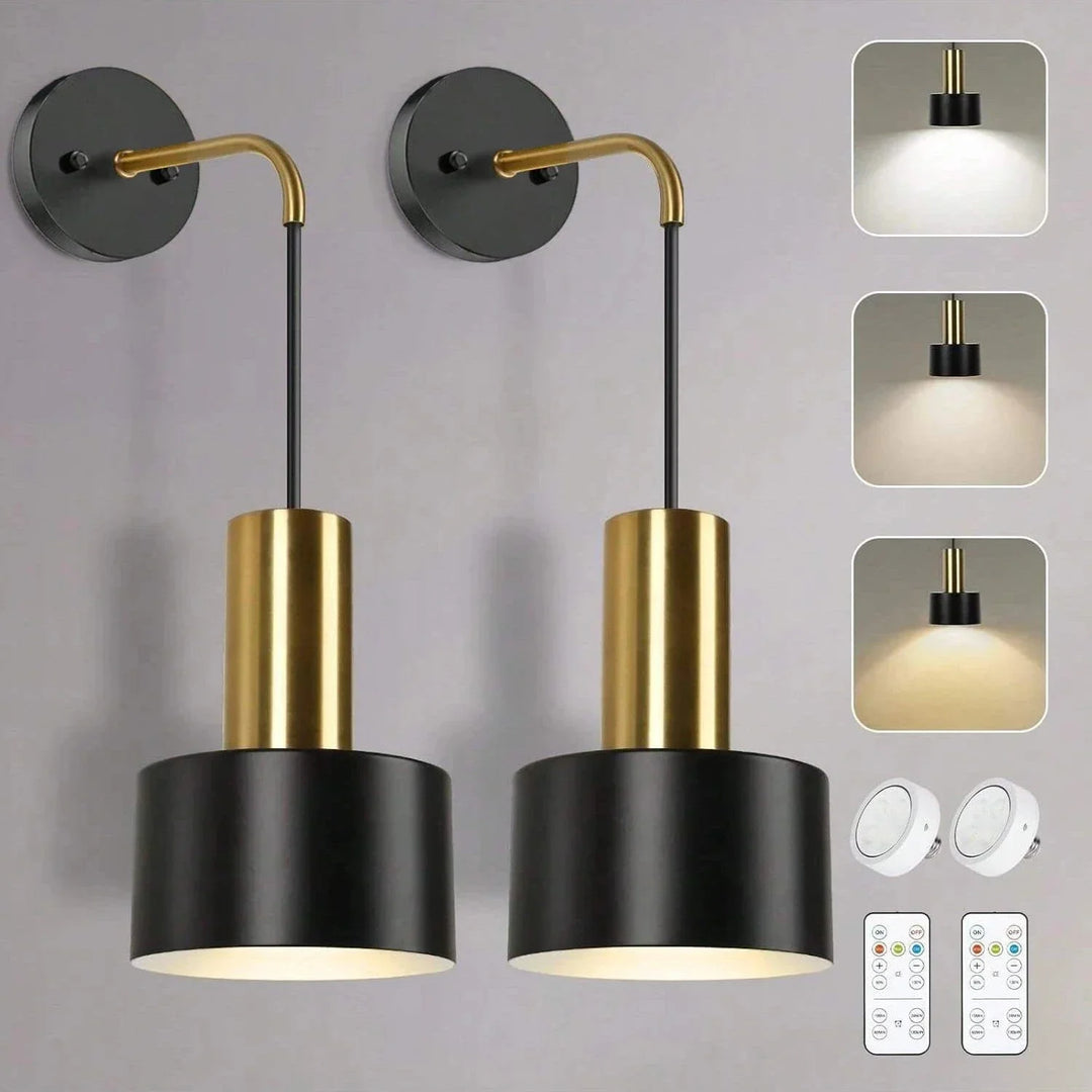 "Modern gold and black battery wall lamp with remote control, enhancing indoor ambiance with adjustable brightness levels."