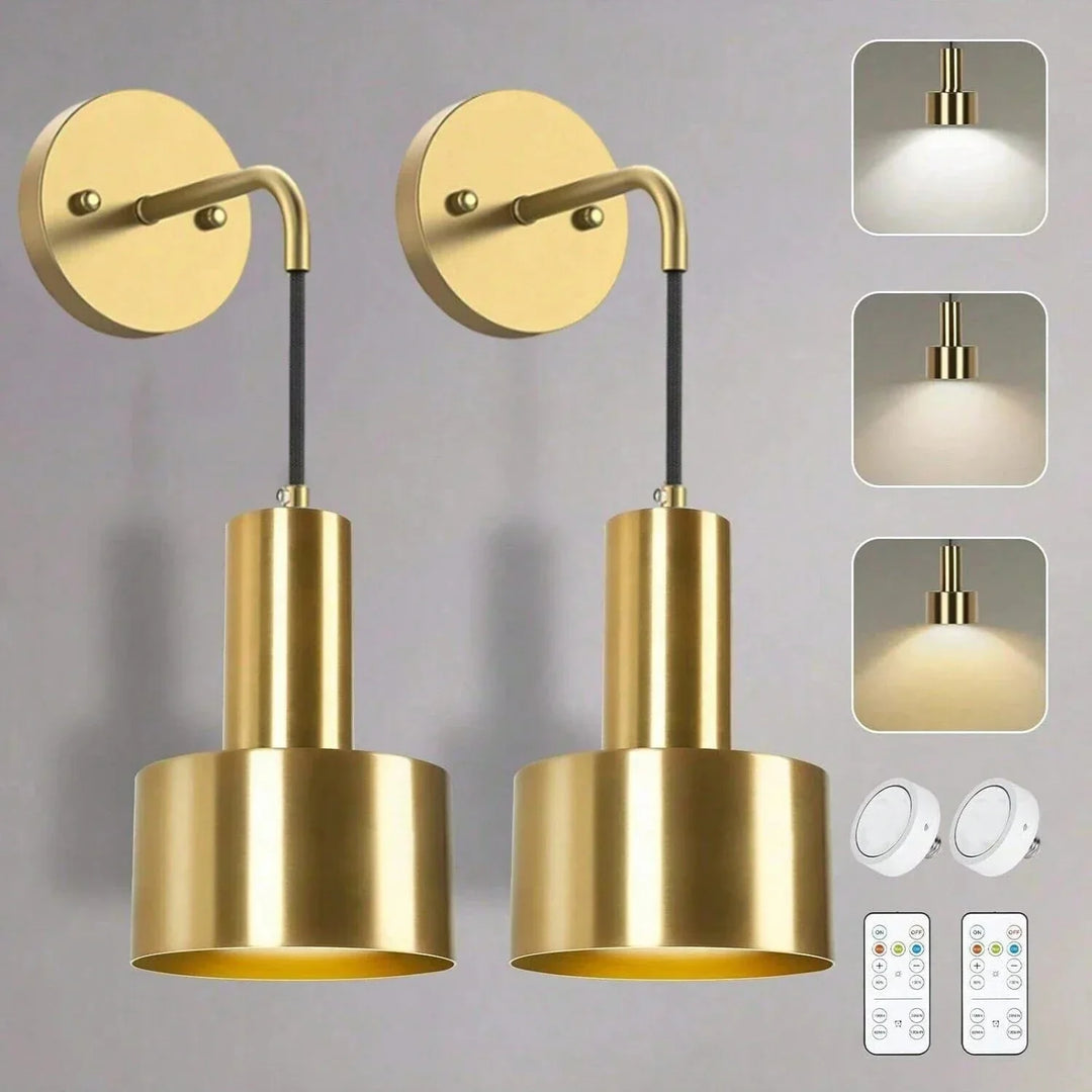 "Modern gold and black battery wall lamp with remote control, enhancing indoor ambiance with adjustable brightness levels."