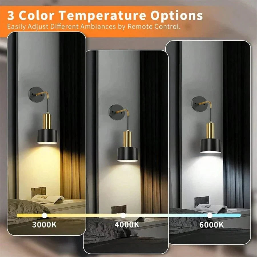 "Modern gold and black battery wall lamp with remote control, enhancing indoor ambiance with adjustable brightness levels."