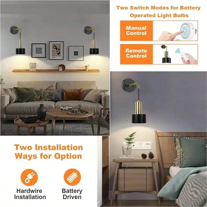 "Modern gold and black battery wall lamp with remote control, enhancing indoor ambiance with adjustable brightness levels."