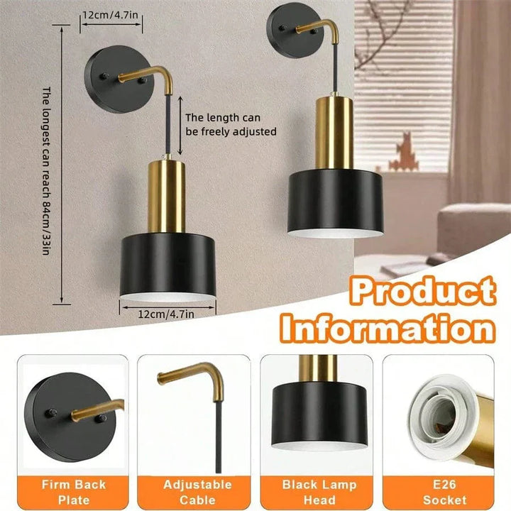 "Modern gold and black battery wall lamp with remote control, enhancing indoor ambiance with adjustable brightness levels."