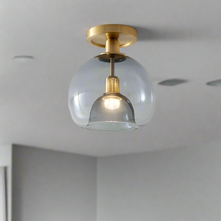 "Modern grey glass ceiling light, sleek and elegant, perfect for illuminating hallways with stylish, even lighting."