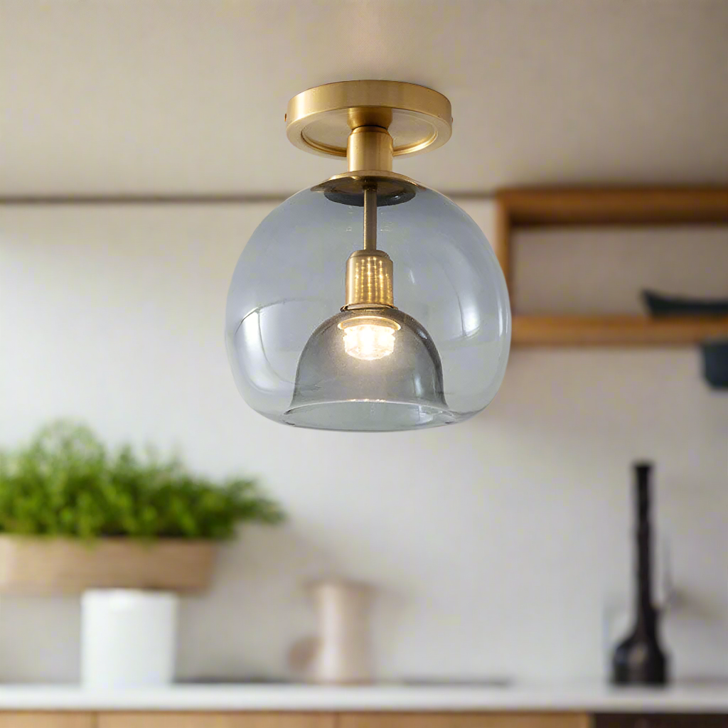 "Modern grey glass ceiling light, sleek and elegant, perfect for illuminating hallways with stylish, even lighting."