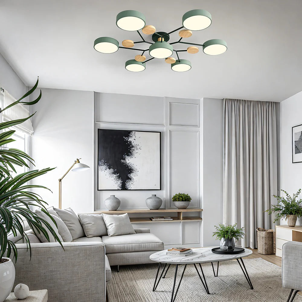 Modern LED ceiling light chandelier with sleek, minimalist design; iron and acrylic materials illuminate living rooms.