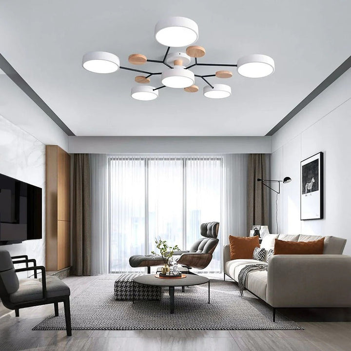 Modern LED ceiling light chandelier with sleek, minimalist design; iron and acrylic materials illuminate living rooms.