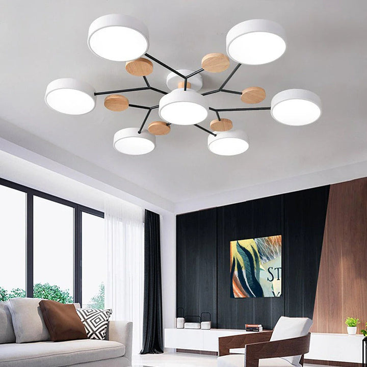 Modern LED ceiling light chandelier with sleek, minimalist design; iron and acrylic materials illuminate living rooms.