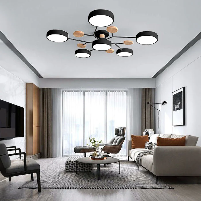 Modern LED ceiling light chandelier with sleek, minimalist design; iron and acrylic materials illuminate living rooms.