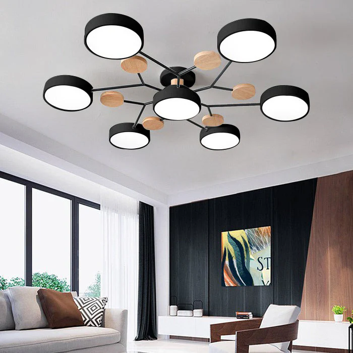Modern LED ceiling light chandelier with sleek, minimalist design; iron and acrylic materials illuminate living rooms.