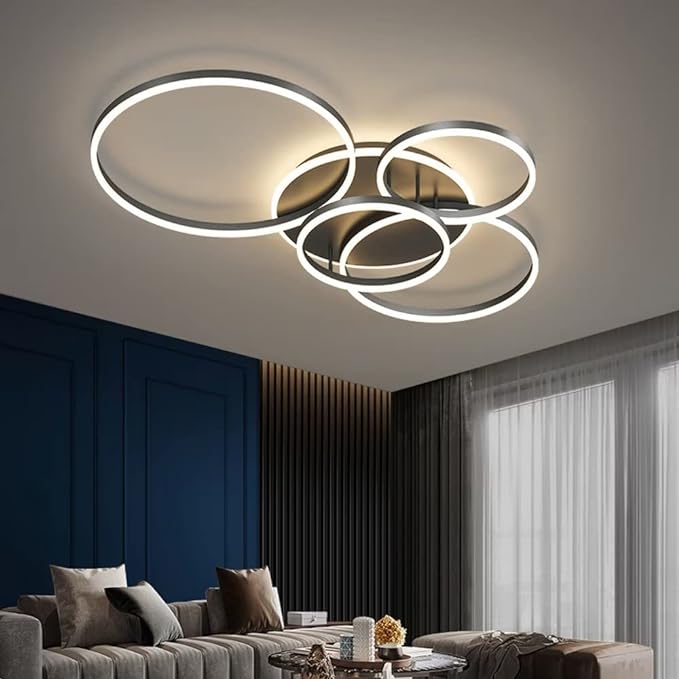 Modern LED ceiling light with black rings, chic design enhances room ambiance, suitable for spaces up to 30 sqm.