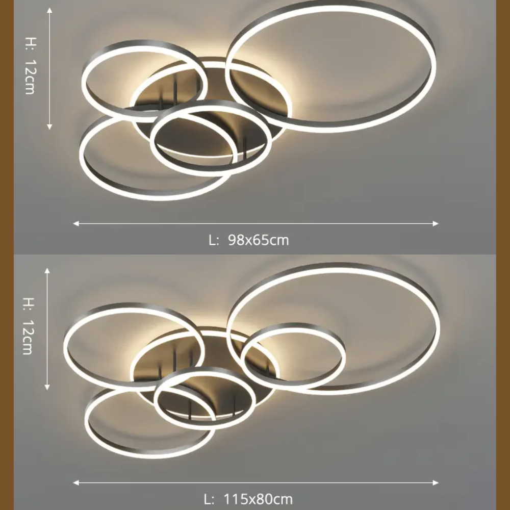Modern LED ceiling light with black rings, chic design enhances room ambiance, suitable for spaces up to 30 sqm.