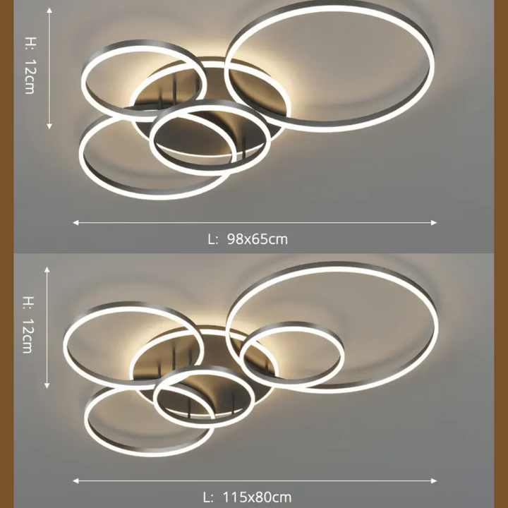 Modern LED ceiling light with black rings, chic design enhances room ambiance, suitable for spaces up to 30 sqm.