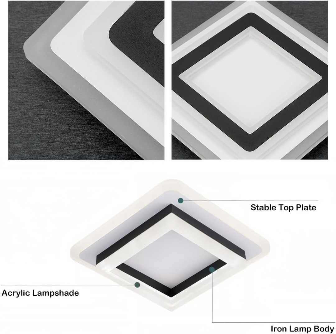 "Modern LED ceiling light with sleek square design, black finish, ideal for stylish hallways, emits bright 1920 lumens."
