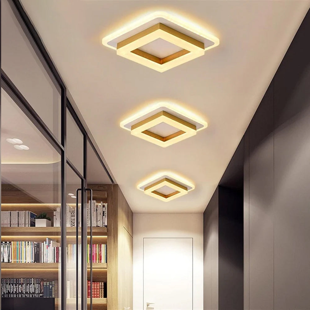 "Modern LED ceiling light with sleek square design, black finish, ideal for stylish hallways, emits bright 1920 lumens."