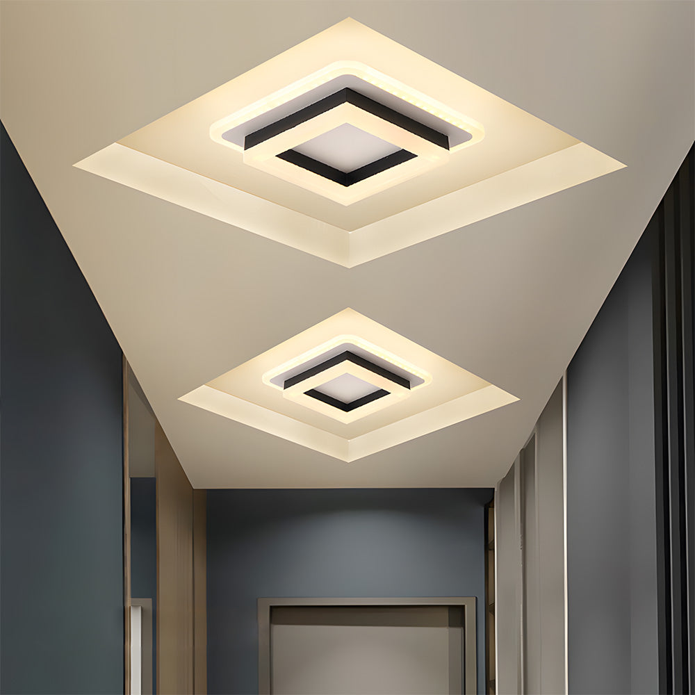 "Modern LED ceiling light with sleek square design, black finish, ideal for stylish hallways, emits bright 1920 lumens."