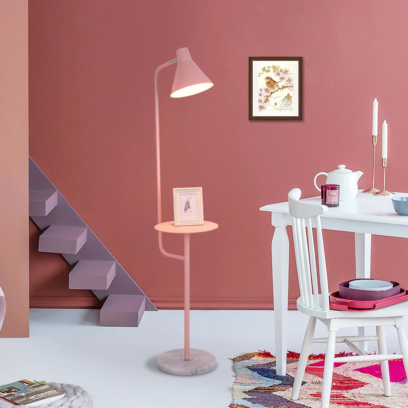 "Modern LED Macaron Floor Lamp with central tray, sleek metal and marble design, available in multiple colors for stylish lig