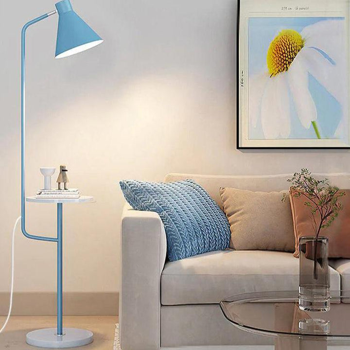 "Modern LED Macaron Floor Lamp with central tray, sleek metal and marble design, available in multiple colors for stylish lig