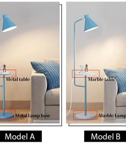 "Modern LED Macaron Floor Lamp with central tray, sleek metal and marble design, available in multiple colors for stylish lig