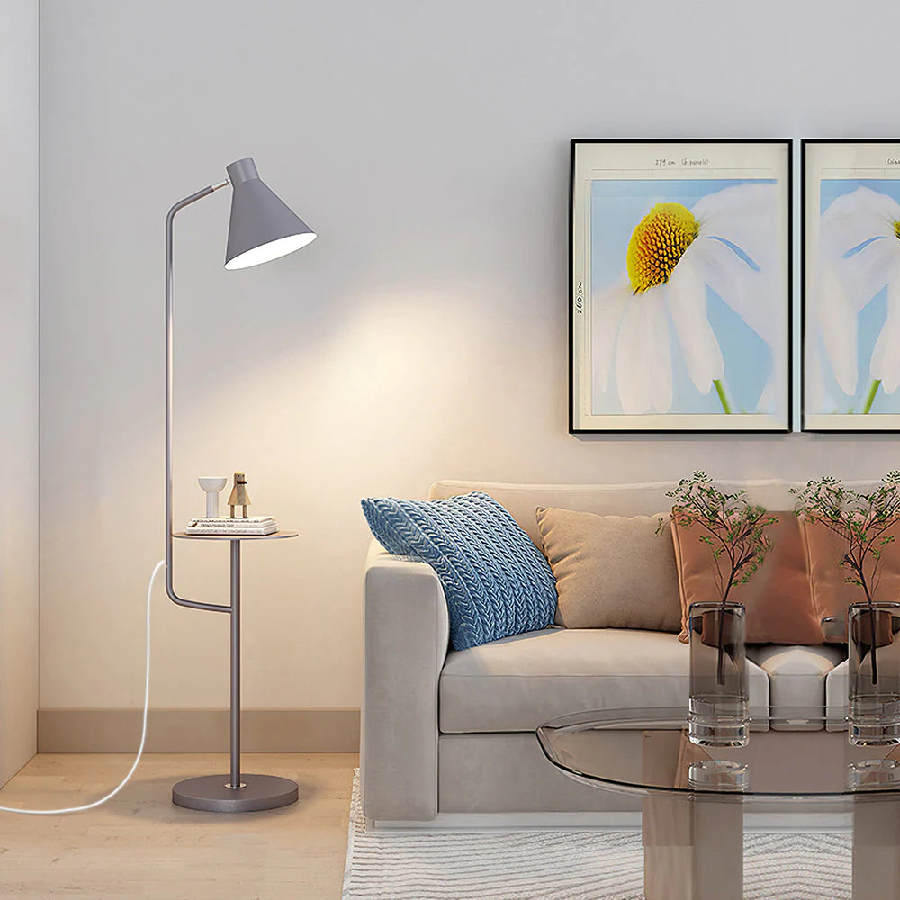 "Modern LED Macaron Floor Lamp with central tray, sleek metal and marble design, available in multiple colors for stylish lig