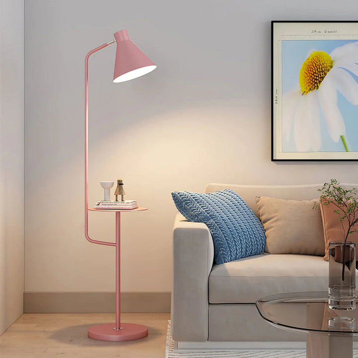 "Modern LED Macaron Floor Lamp with central tray, sleek metal and marble design, available in multiple colors for stylish lig