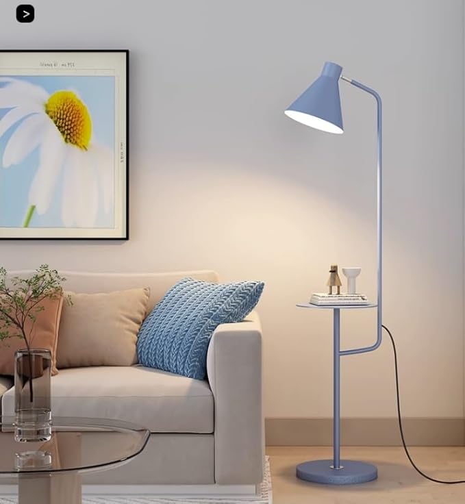 "Modern LED Macaron Floor Lamp with central tray, sleek metal and marble design, available in multiple colors for stylish lig